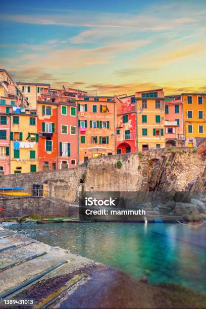 Riomaggiore In Cinque Terre Italy Stock Photo - Download Image Now - Italy, Mediterranean Sea, Architecture