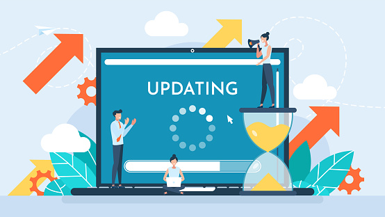 Software update or operating system. Updating progress bar. Installing app patch. Upgrade to keep the device up to date with added functionality in the new version. Flat design. Vector illustration.