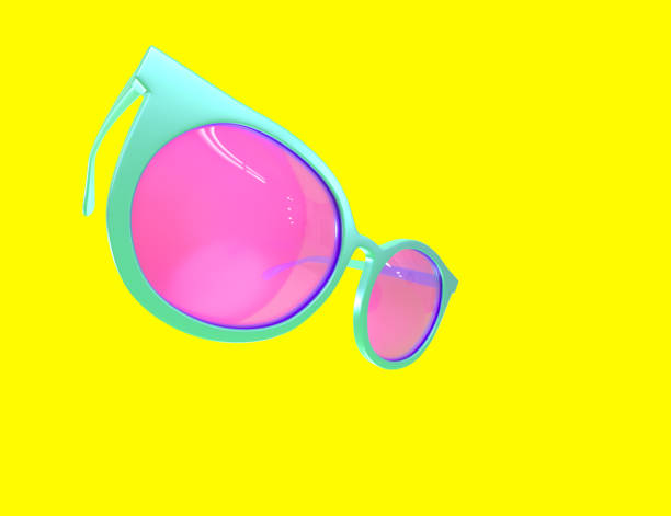 istock 3D Sunglasses with pink lenses, angle view. Polarized glasses in turquoise frames, eyeglasses for beach vacation or party isolated on yellow background. Funny summer design, 3D render mockup banner 1389431161