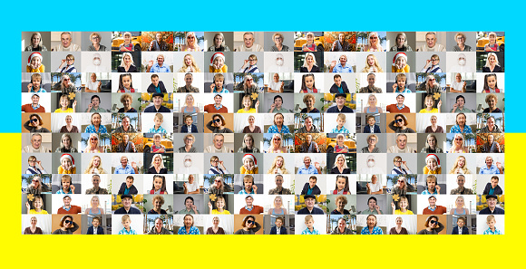 Mosaic Of Many Cheerful Faces In Square Collage. Happy Successful Multicultural People Portraits Of Smiling Females And Males On Colorful Studio Backgrounds. Diversity Concept
