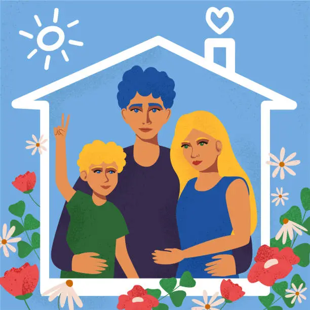 Vector illustration of Family. Family home concept. Parents and child under the roof of the house.