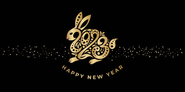 с новым 2023 годом. год кролика по лунному восточному календарю. золотой кролик, логотип кролика и номер 2023 на черном фоне. поздравительная от� - hongbao stock illustrations