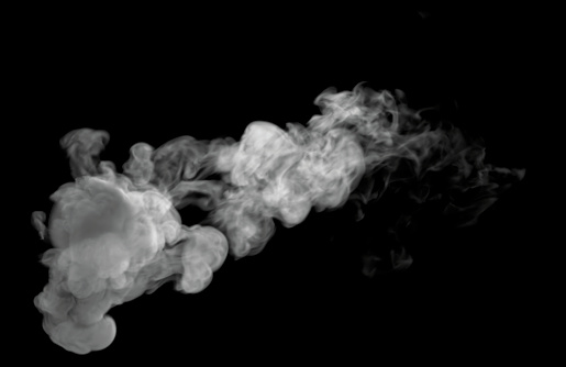Bottom View of Wispy and very Swirly White Long Smoke cloud with a black background