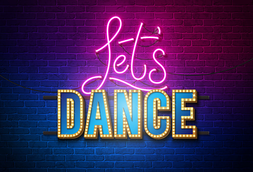Lets Dance Vector Illustration with Bright Neon Light Lettering on Brick Wall Background. April 29 Dance Day Celebration Design Template for Banner, Flyer, Invitation, Brochure, Poster or Greeting Card