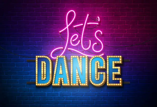 Vector illustration of Lets Dance Vector Illustration with Bright Neon Light Lettering on Brick Wall Background. April 29 Dance Day Celebration Design Template for Banner, Flyer, Invitation, Brochure, Poster or Greeting Card.