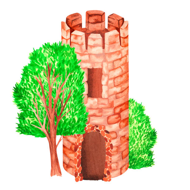A fortress with a tree and a shrub.Watercolor illustration.Isolated on a white background.For design A fortress with a tree and a shrub. Watercolor illustration. Isolated on a white background. For your design of nursery interior items, stationery, book covers, illustrations of fairy tales. fairy door fairy tale antique stock illustrations