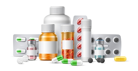 Realistic medications. Pill foil blisters and plastic bottles. Glass ampule with prescription drugs. Cure tablets and antibiotics. Different remedy package. Vitamins and painkillers. Vector concept