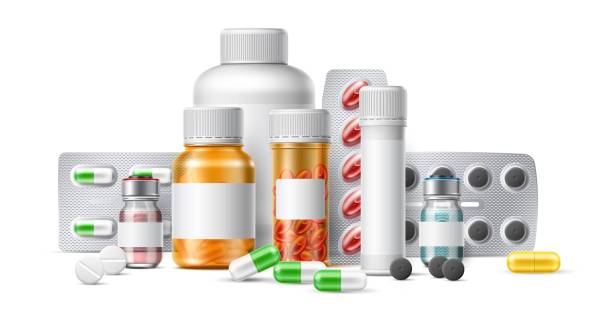 Realistic medications. Pill foil blisters and plastic bottles. Ampule with prescription drugs. Tablets and antibiotics. Different remedy package. Vitamins and painkillers. Vector concept Realistic medications. Pill foil blisters and plastic bottles. Glass ampule with prescription drugs. Cure tablets and antibiotics. Different remedy package. Vitamins and painkillers. Vector concept medicine vial stock illustrations