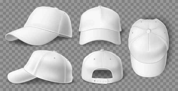 リアルな白い野球帽のモックアップ。日焼け止めバイザー付き3dスポーツヘッドギア。空白の服の要素。異なる視野角。空の頭飾りテンプレート。ベクター基本ユニセックス帽子セット - different angles点のイラスト素材／クリップアート素材／マンガ素材／アイコン素材