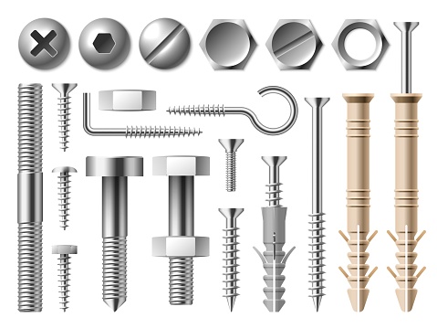 Realistic steel nut. Metal 3D isolated fasteners. Different types bolts and self-tapping screws. Nail caps top view. Metallic hooks. Build and repair fixing tools. Vector chrome joinery elements set