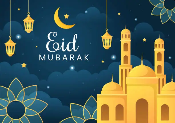 Vector illustration of Happy Eid ul-Fitr Mubarak Background Illustration with Pictures of Mosques, Moon, Antennas and Others Suitable for Posters