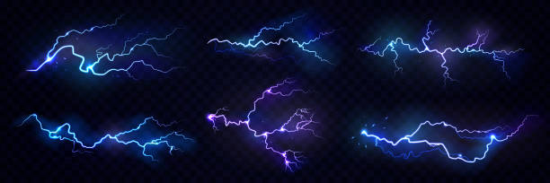 realistische gewitter elektrische blitzwirkung mit glühen und leuchten. vektorillustration, isoliertes blitzflackern auf schwarzem hintergrund. neon burst oder blenden am himmel, wetterbedingungen - thunderstorm stock-grafiken, -clipart, -cartoons und -symbole