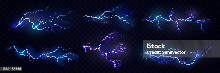 istock Realistic thunderstorm electric lightning effect with glowing and shining. Vector illustration, isolated thunderbolt flare on black background. Neon burst or dazzle at sky, weather condition 1389438565