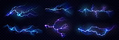 istock Realistic thunderstorm electric lightning effect with glowing and shining. Vector illustration, isolated thunderbolt flare on black background. Neon burst or dazzle at sky, weather condition 1389438565