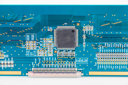 Electronic motherboard, isometric processor microchip on the white background