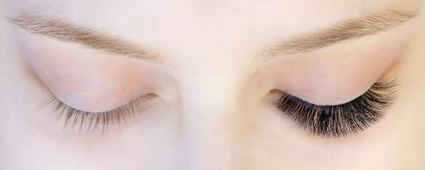 istock Eyelash extensions. Closeup of eyes with extended eyelashes and without extended eyelashes, white girl. before and after 1389438610