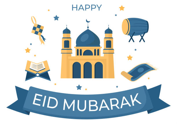 Happy Eid ul-Fitr Mubarak Cartoon Background Illustration with Pictures of Mosques, Ketupat, Bedug, and Others Suitable for Posters Happy Eid ul-Fitr Mubarak Cartoon Background Illustration with Pictures of Mosques, Ketupat, Bedug, and Others Suitable for Posters bedug stock illustrations