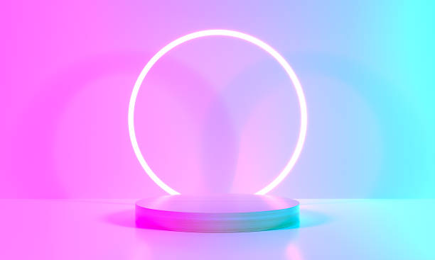 istock Product Stand blue pink violet neon abstract background, studio modern ultraviolet light, room pastel interior, Glowing podium, performance stage decorations, Stage for circle of light. 3d rendering 1389440083