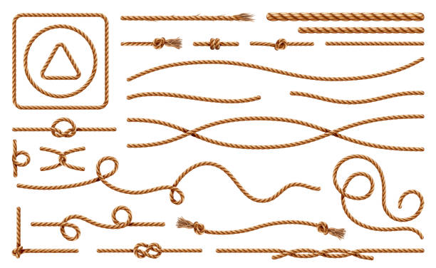 Realistic ropes set, threads and knots wavy line Threads and ropes, cords and knots made of fiber material. Vector realistic cartoon, growth textile wavy lines, curved shape of cable. Nautical loops for navy, tie and braided elements string stock illustrations