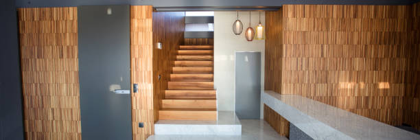 istock stylish modern interior design of half-timbered house. minimal constructivism. marble and wood in decoration of floors, stairs, doors, walls. 1389440408