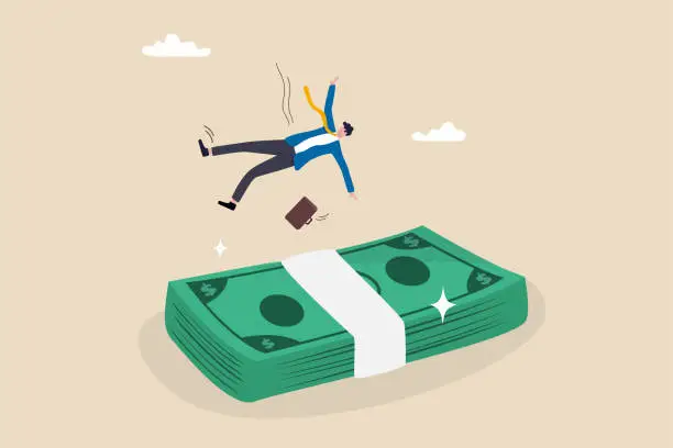 Vector illustration of Insurance, reserve money or emergency fund on business failure, mistake or accident, compensation or money support and cushion concept, fail businessman falling on huge money banknotes safety cushion.