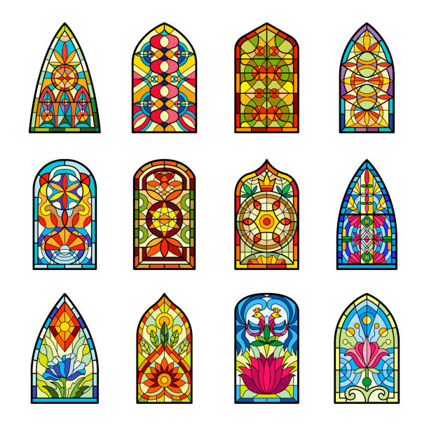 illustrations, cliparts, dessins animés et icônes de vitrail. fenêtres décoratives colorées de bâtiments d’église vintage modèles médiévaux de vitraux avec des formes géométriques images vectorielles récentes ensemble - stained glass glass art church