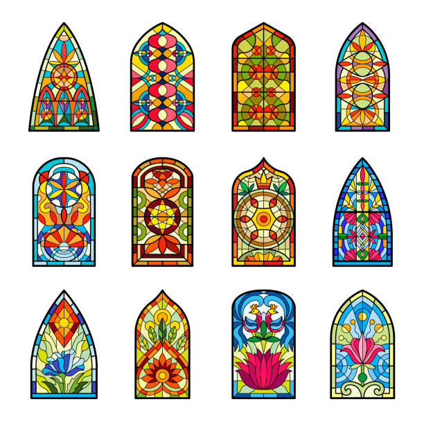 witraż. dekoracyjne kolorowe okna z zabytkowych budynków kościelnych średniowieczne szablony witraży z geometrycznymi formami zestaw najnowszych zdjęć wektorowych - stained glass glass window church stock illustrations