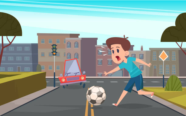 Crossroad playing. Kids running with ball game on road secured rules dangerous street traffic exact vector cartoon background Crossroad playing. Kids running with ball game on road secured rules dangerous street traffic exact vector cartoon background. Children crossroad play with ball illustration walking animation stock illustrations
