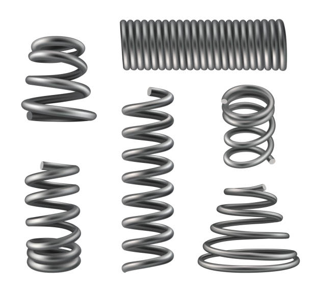 istock Metallic spring coils. Flexibly geometrical 3d steel shapes for heavy machine industry compressed chrome coils decent vector realistic illustrations 1389440524