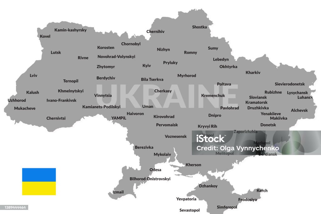 The map of Ukraine in grey color with names of the cities on white background. Horlivka Stock Photo