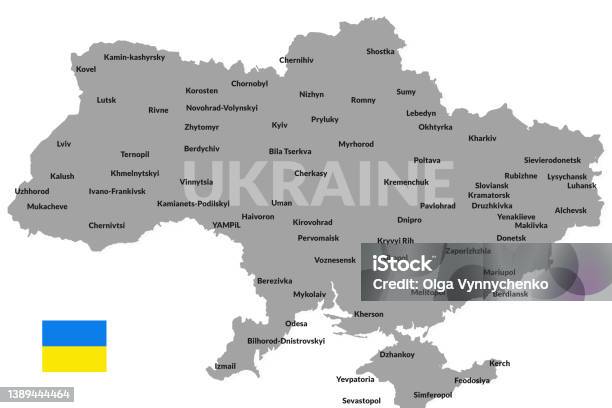 The Map Of Ukraine In Grey Color With Names Of The Cities On White Background Stock Photo - Download Image Now