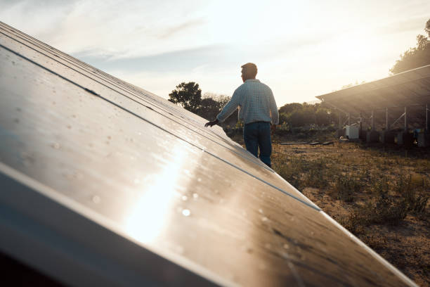 Shot of a young man standing next to a solar panel on a farm