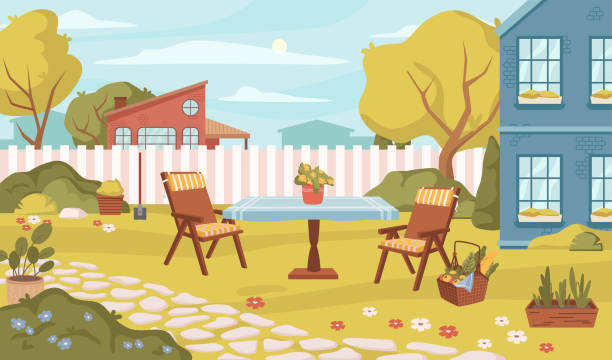 podwórko ze stołem i płotem, meblami i koszem do jedzenia na zewnątrz. wektorowy płaski styl zewnętrzny i krajobraz, drzewa i krzewy, kwiaty w kwiatach i kwitną. tło sezonu wiosennego - backyard stock illustrations