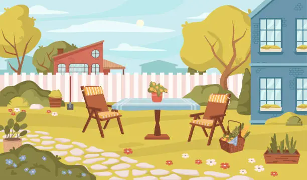 Vector illustration of Backyard with table and fence, furniture and basket for eating outside. Vector flat style exterior and landscape, trees and bushes, flowers in blossom and bloom. Spring season background