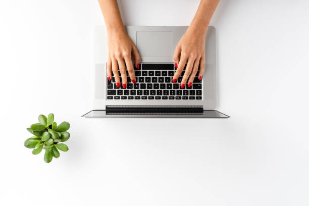 istock Woman’s hands working on laptop on white table with green flower. Business background. Flat lay 1389449081