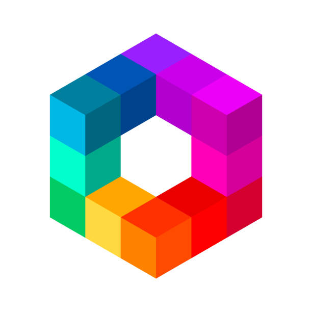 Colorful 3D cube made of small cubes. Rainbow cubical shape. Place for text in the middle. Polygonal geometric shape object. Abstract logo design element. Vector illustration, isometric, clip art. point of view illustrations stock illustrations