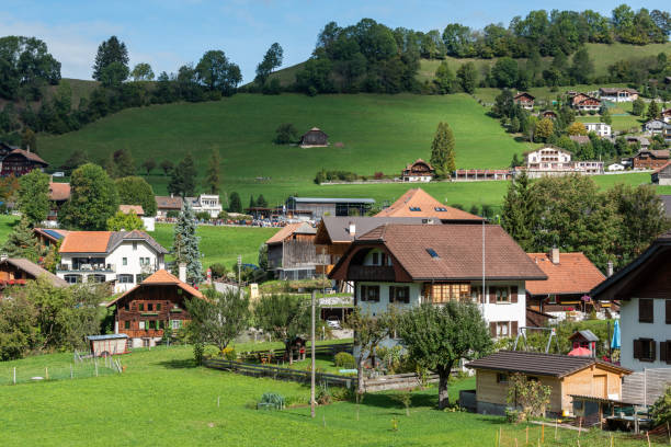 beau village de charmey en suisse - swiss cheese chalet town dairy product photos et images de collection