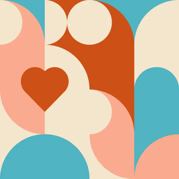 Vector illustration of Romantic vector abstract  geometric background with hearts, circles, rectangles and squares  in retro Scandinavian style. Pastel colored simple shapes graphic pattern. Abstract mosaic artwork.