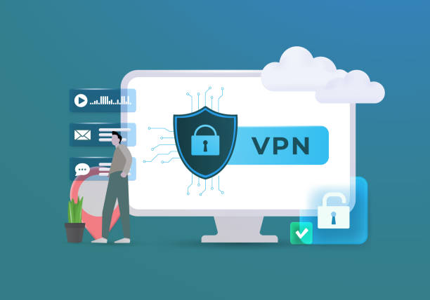 ilustraciones, imágenes clip art, dibujos animados e iconos de stock de concepto de red de seguridad vpn. red privada virtual con conexión cifrada, proteger el tráfico web en línea. computadora con aplicación vpn para desbloquear sitios web y cifrar la conexión en el mensajero en línea - computer software tunnel data technology