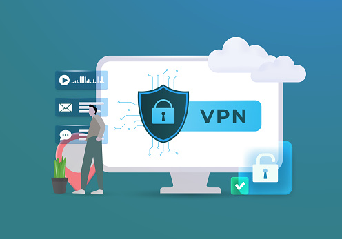 VPN security network vector illustration. Virtual private network with encrypted connection, protect internet traffic. Computer with vpn for unblock websites and encrypt connection in online messenger