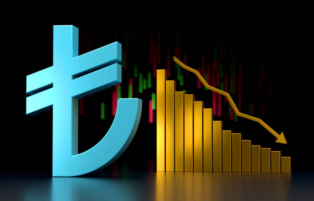 トルコリラシンボルと下に移動するグラフ - exchange rate decline loss graph ストックフォトと画像