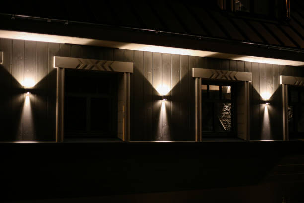 istock Modern architecture house with led lighting on facade. 1389452354