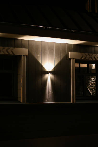 istock Modern architecture house with led lighting on facade. 1389452355