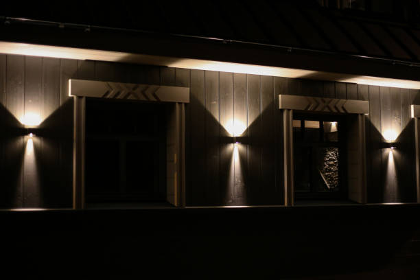 istock Modern architecture house with led lighting on facade. 1389452358
