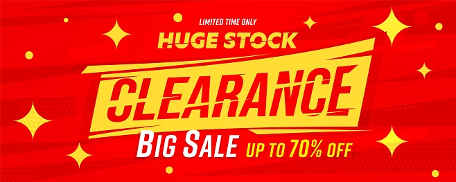 Limited in time huge stock clearance banner template. Big sale website header with special offer up to 70 percent price off discount vector illustration