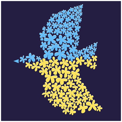 Flying dove, bird, flowers in the colors of the national flag of Ukraine . Peace symbol, no war concept.