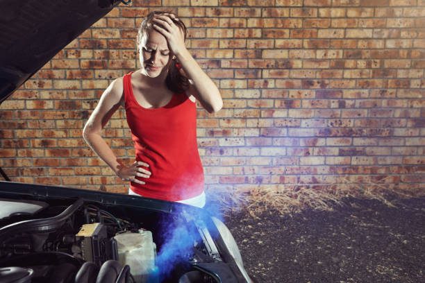 mujer joven con el capó del motor del coche levantado, tratando de resolver una avería - car stranded women breakdown fotografías e imágenes de stock