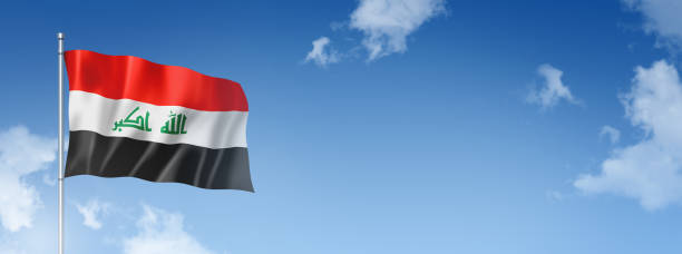 istock Iraqi flag isolated on a blue sky. Horizontal banner 1389454988