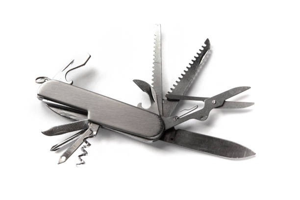istock Metallic swiss knife isolated on white 1389455022