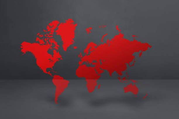 istock Red world map on black concrete wall background. 3D illustration 1389455196